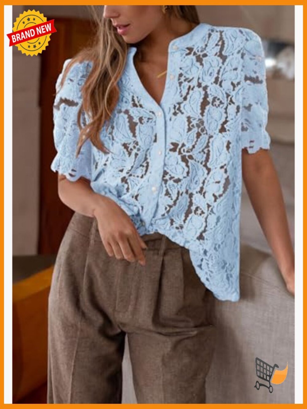 Spring Lace Blouse Short Puff Sleeve Crew Neck Button Down Casual Dressy Top - Picture 4 of 7